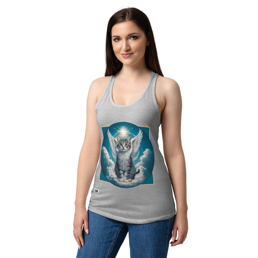 Camiseta de gatos para mujer GATO ÁNGEL en color gris jaspeado, sobre modelo