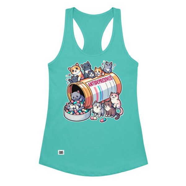 Camiseta de gatos para mujer ANTIDEPRESIVOS en color azul tahití, vista plana