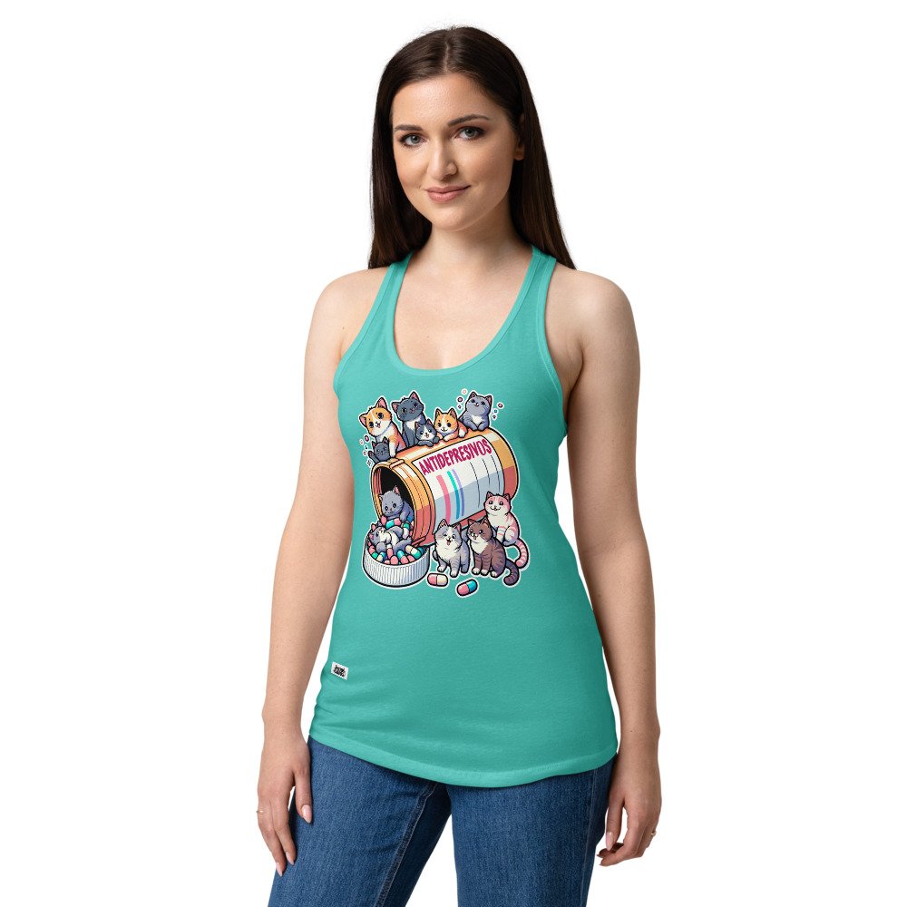 Camiseta de gatos para mujer ANTIDEPRESIVOS en color azul tahití, sobre modelo