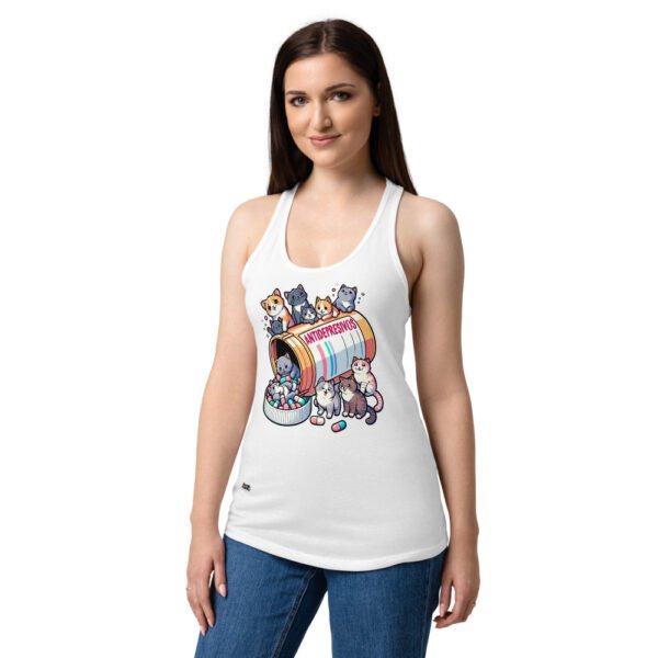 Camiseta de gatos para mujer ANTIDEPRESIVOS en color blanco, sobre modelo