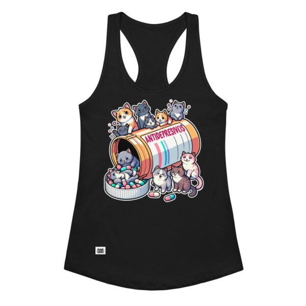Camiseta de gatos para mujer ANTIDEPRESIVOS en color negro, vista plana