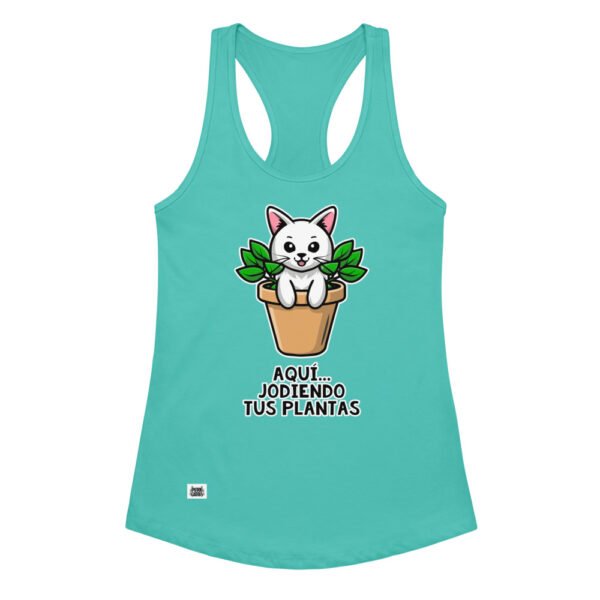 Camiseta de gatos para mujer AQUÍ JODIENDO TUS PLANTAS en color azul tahití, vista plana