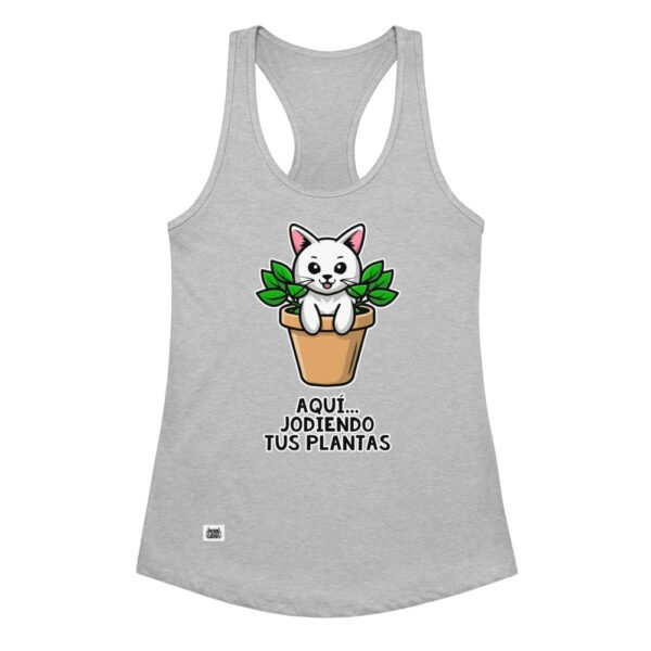 Camiseta de gatos para mujer AQUÍ JODIENDO TUS PLANTAS en color gris jaspeado, vista plana