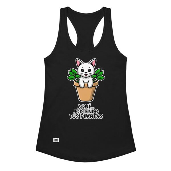 Camiseta de gatos para mujer AQUÍ JODIENDO TUS PLANTAS en color negro, vista plana