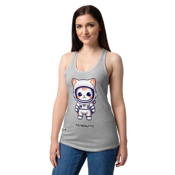 Camiseta de gatos para mujer ASTROGATO en color gris jaspeado, sobre modelo