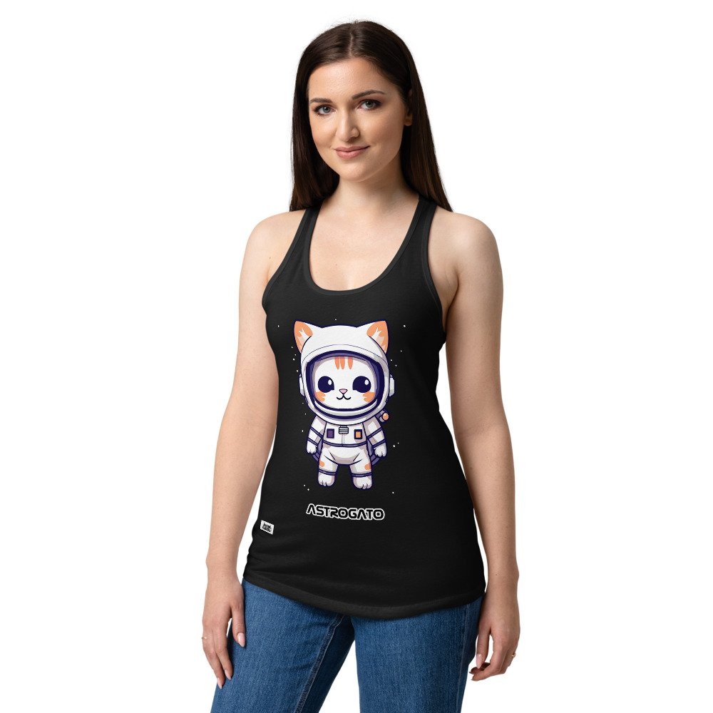 Camiseta de gatos para mujer ASTROGATO en color negro, sobre modelo
