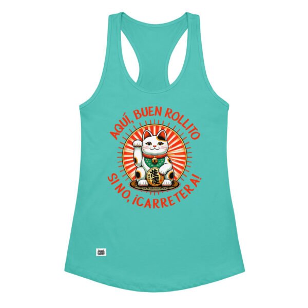 Camiseta de gatos para mujer AQUÍ, BUEN ROLLITO en color azul tahití, vista plana