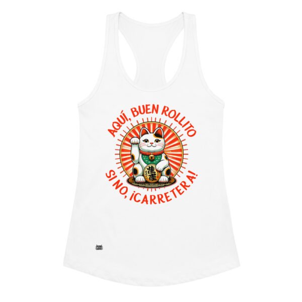 Camiseta de gatos para mujer AQUÍ, BUEN ROLLITO en color blanco, vista plana