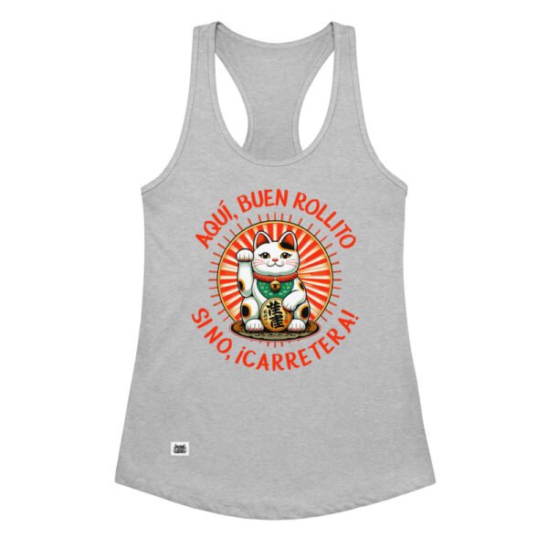 Camiseta de gatos para mujer AQUÍ, BUEN ROLLITO en color gris jaspeado, vista plana