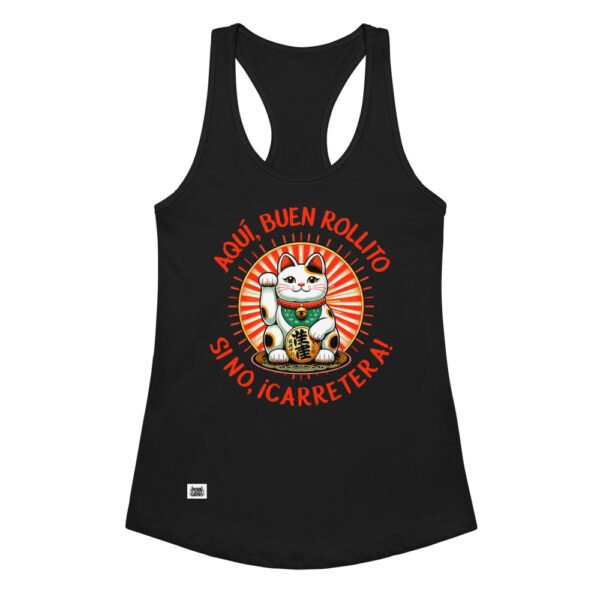 Camiseta de gatos para mujer AQUÍ, BUEN ROLLITO en color negro, vista plana