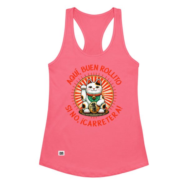Camiseta de gatos para mujer AQUÍ, BUEN ROLLITO en color rosa eléctrico, vista plana