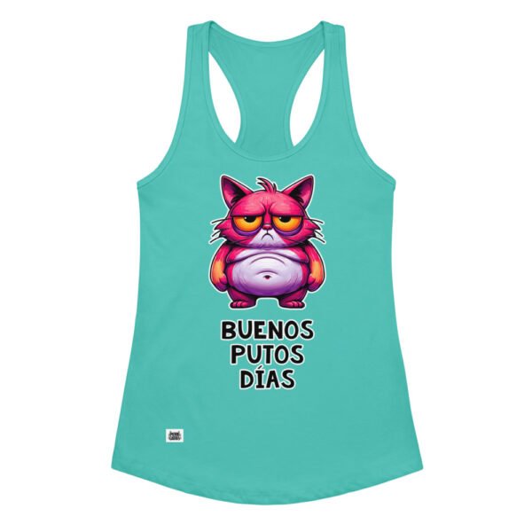 Camiseta de gatos para mujer BUENOS PUTOS DÍAS en color azul tahití, vista plana