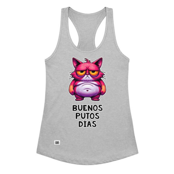 Camiseta de gatos para mujer BUENOS PUTOS DÍAS en color gris jaspeado, vista plana