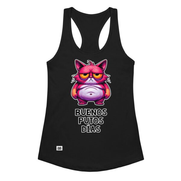 Camiseta de gatos para mujer BUENOS PUTOS DÍAS en color negro, vista plana