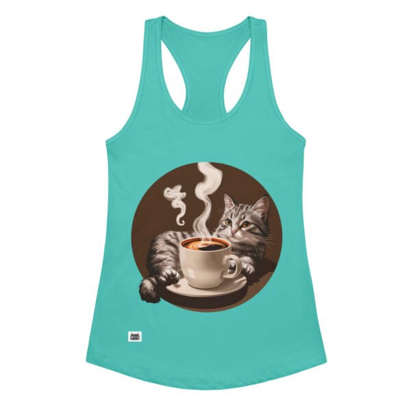 Camiseta de gatos para mujer GATO CAFÉ en color azul tahití, vista plana