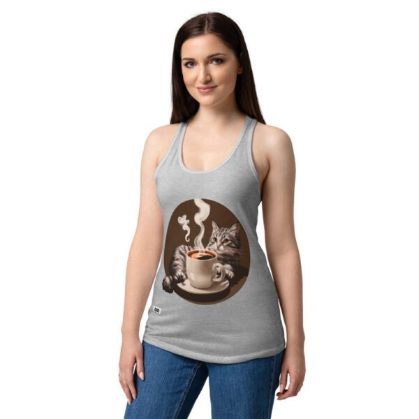 Camiseta de gatos para mujer GATO CAFÉ en color gris jaspeado, sobre modelo