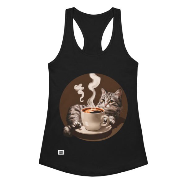 Camiseta de gatos para mujer GATO CAFÉ en color negro, vista plana