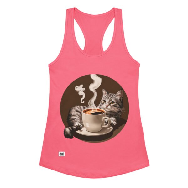 Camiseta de gatos para mujer GATO CAFÉ en color rosa eléctrico, vista plana