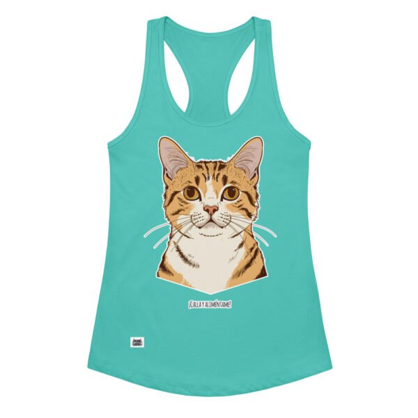 Camiseta de gatos para mujer CALLA Y ALIMÉNTAME en color azul tahití, vista plana