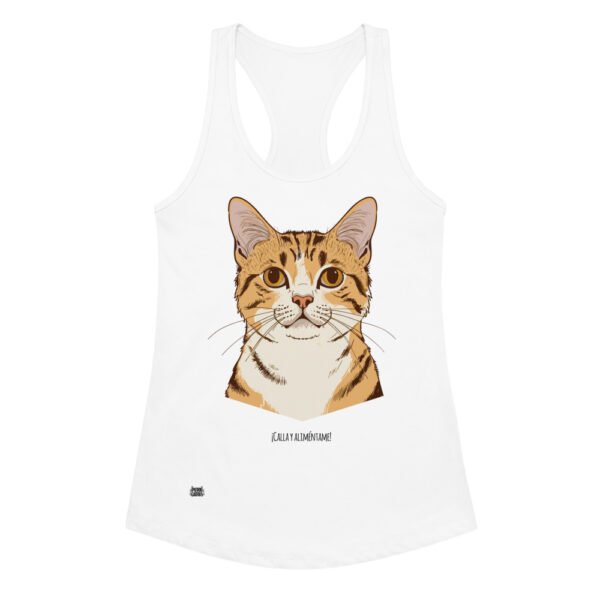Camiseta de gatos para mujer CALLA Y ALIMÉNTAME en color blanco, vista plana