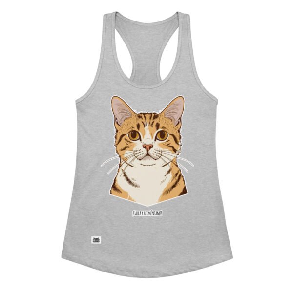 Camiseta de gatos para mujer CALLA Y ALIMÉNTAME en color gris jaspeado, vista plana