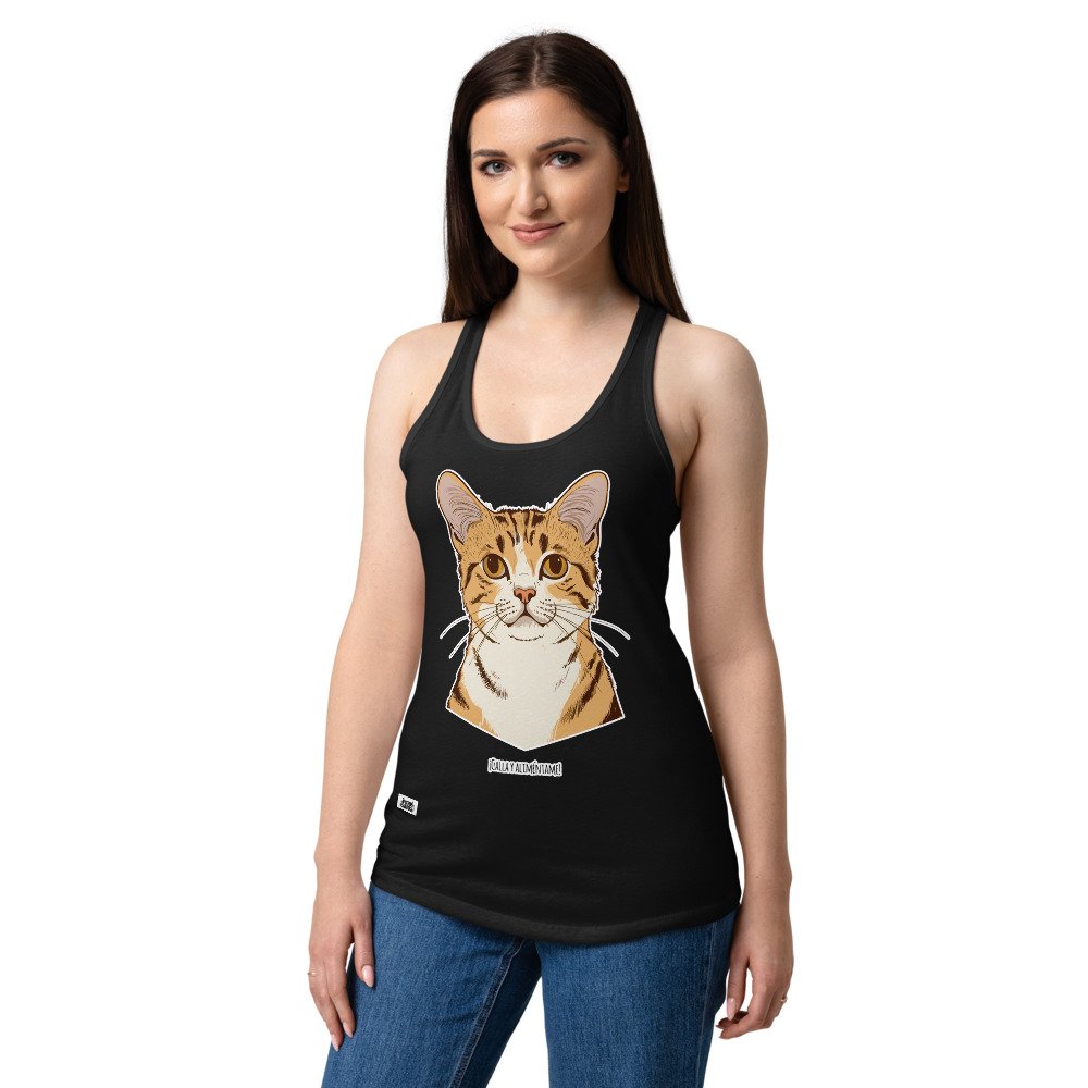 Camiseta de gatos para mujer CALLA Y ALIMÉNTAME en color negro, sobre modelo