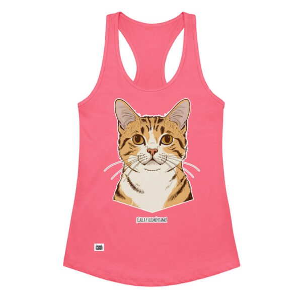 Camiseta de gatos para mujer CALLA Y ALIMÉNTAME en color rosa eléctrico, vista plana