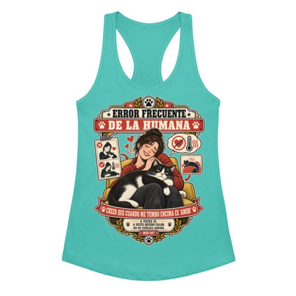 Camiseta de gatos para mujer CALOR NO ES AMOR en color azul tahití, vista plana