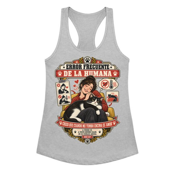 Camiseta de gatos para mujer CALOR NO ES AMOR en color gris jaspeado, vista plana