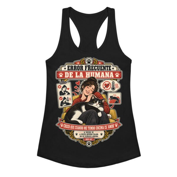 Camiseta de gatos para mujer CALOR NO ES AMOR en color negro, vista plana