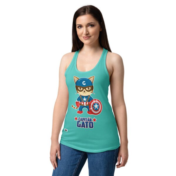 Camiseta de gatos para mujer CAPITÁN GATO en color azul tahití, sobre modelo