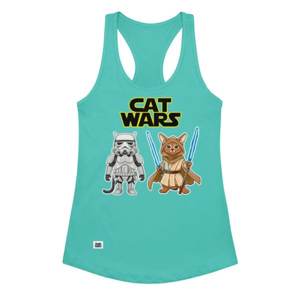 Camiseta de gatos para mujer CAT WARS en color azul tahití, vista plana
