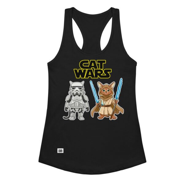 Camiseta de gatos para mujer CAT WARS en color negro, vista plana