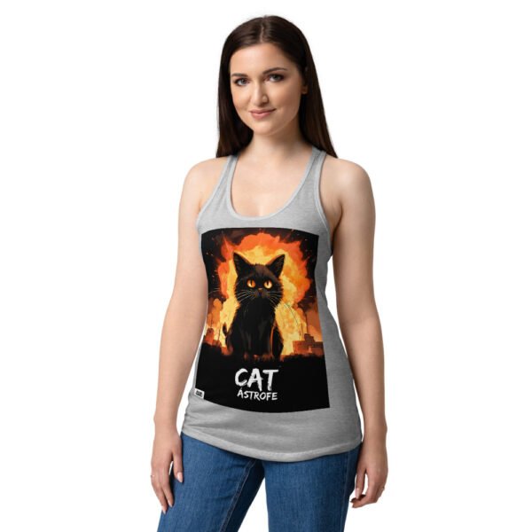 Camiseta de gatos para mujer CATÁSTROFE en color gris jaspeado, sobre modelo