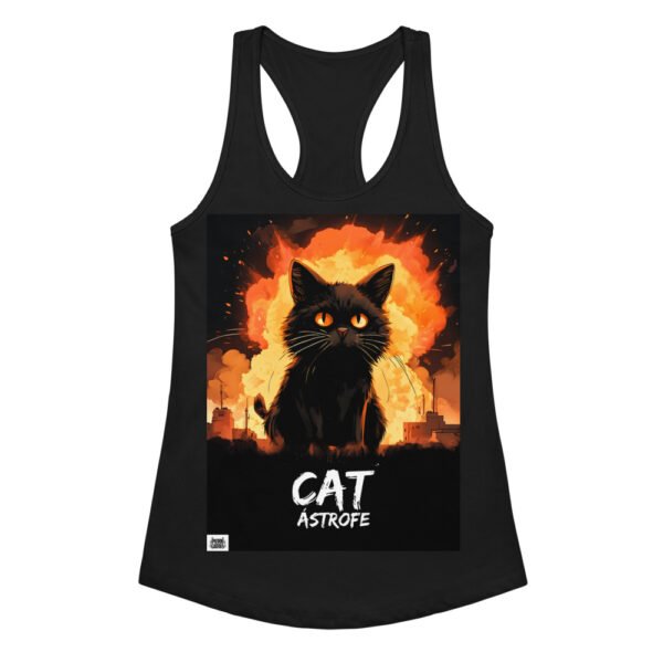 Camiseta de gatos para mujer CATÁSTROFE en color negro, vista plana