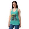 Camiseta de gatos para mujer GATO CICLISTA en color azul tahití, sobre modelo