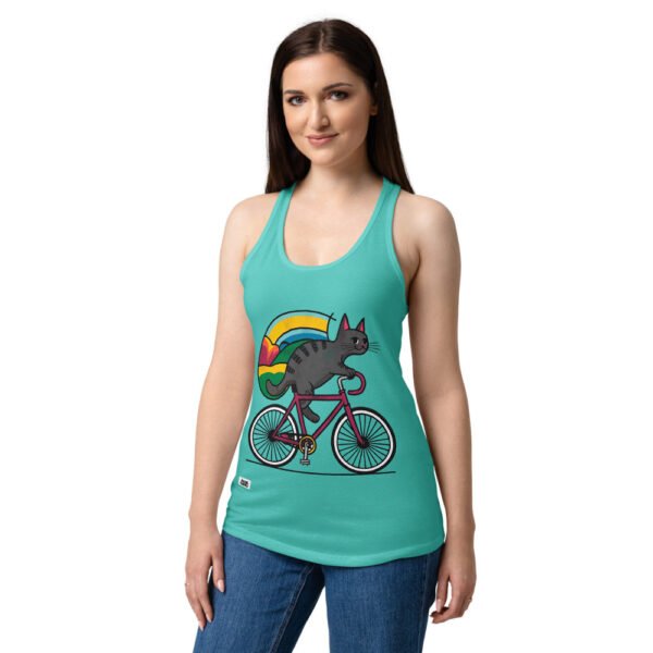 Camiseta de gatos para mujer GATO CICLISTA en color azul tahití, sobre modelo