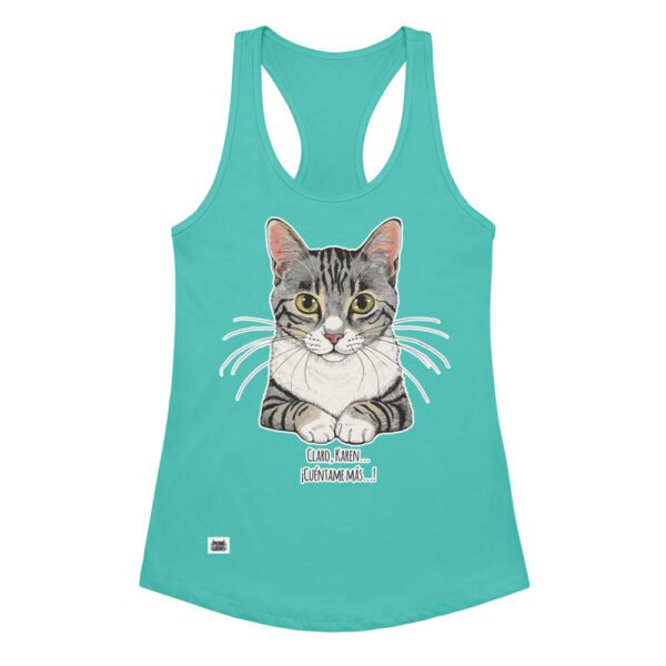 Camiseta de gatos para mujer CLARO, KAREN, CUÉNTAME MÁS en color azul tahití, vista plana