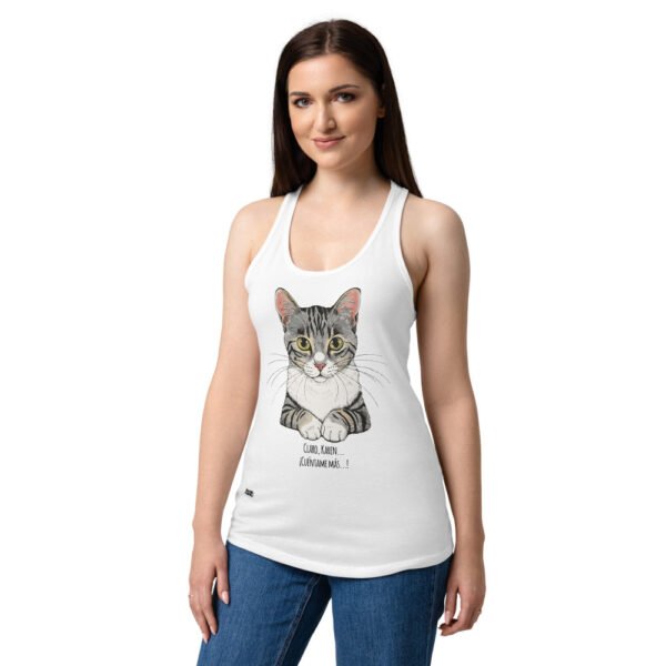 Camiseta de gatos para mujer CLARO, KAREN, CUÉNTAME MÁS en color blanco, sobre modelo