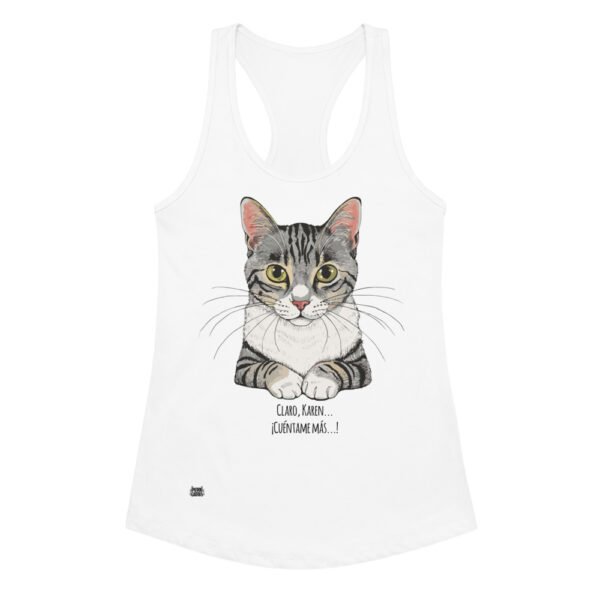 Camiseta de gatos para mujer CLARO, KAREN, CUÉNTAME MÁS en color blanco, vista plana