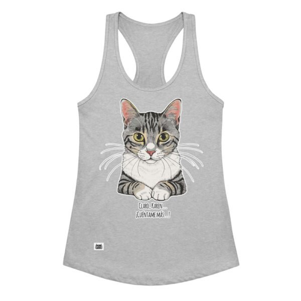 Camiseta de gatos para mujer CLARO, KAREN, CUÉNTAME MÁS en color gris jaspeado, vista plana