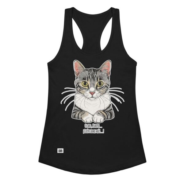 Camiseta de gatos para mujer CLARO, KAREN, CUÉNTAME MÁS en color negro, vista plana