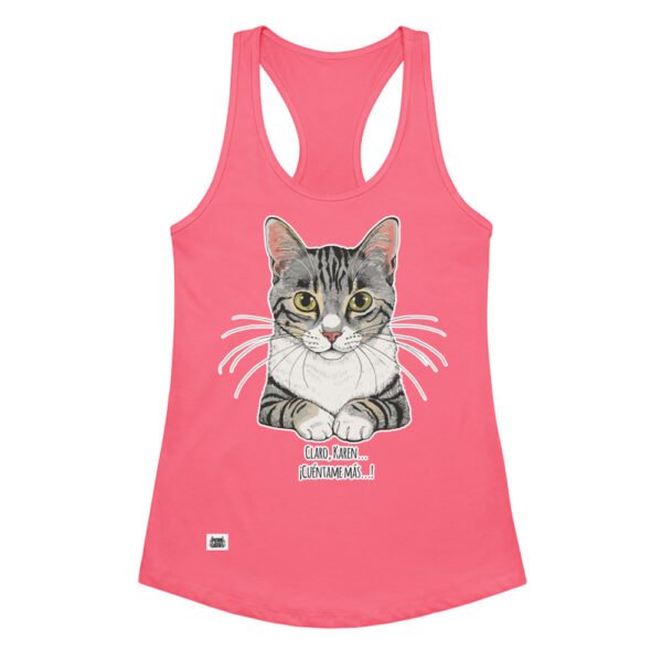 Camiseta de gatos para mujer CLARO, KAREN, CUÉNTAME MÁS en color rosa eléctrico, vista plana