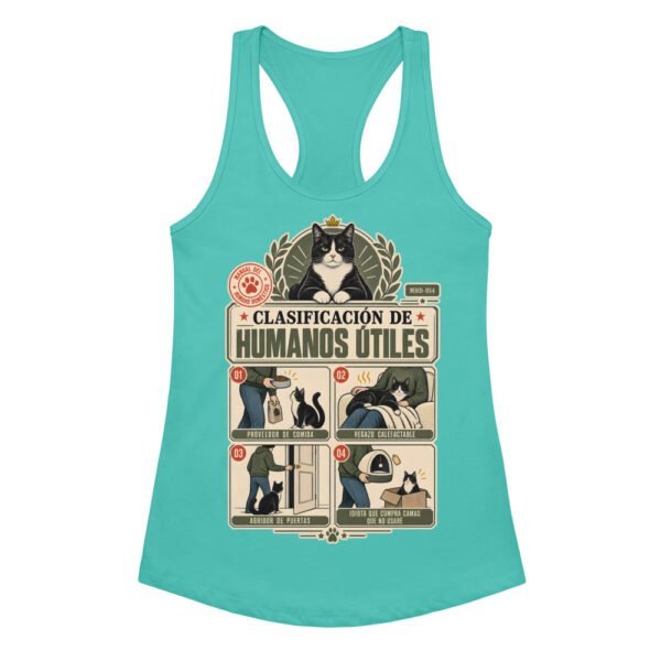 Camiseta de gatos para mujer CLASIFICACIÓN DE HUMANOS ÚTILES en color azul tahití, vista plana