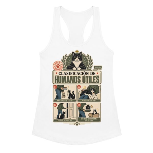 Camiseta de gatos para mujer CLASIFICACIÓN DE HUMANOS ÚTILES en color blanco, vista plana