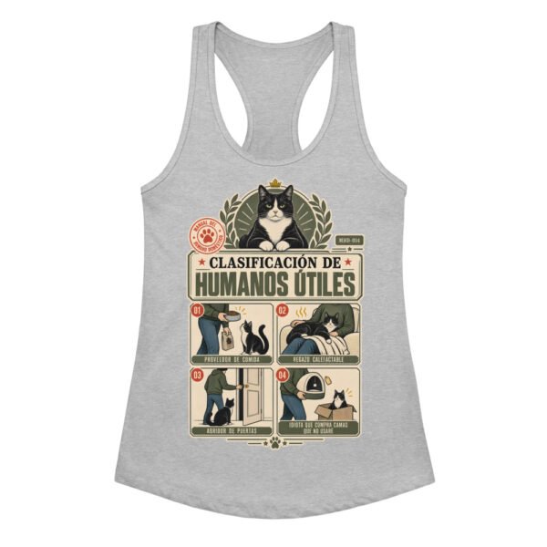 Camiseta de gatos para mujer CLASIFICACIÓN DE HUMANOS ÚTILES en color gris jaspeado, vista plana