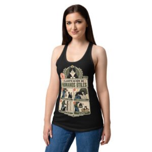 Camiseta de gatos para mujer CLASIFICACIÓN DE HUMANOS ÚTILES en color negro, sobre modelo