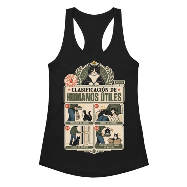Camiseta de gatos para mujer CLASIFICACIÓN DE HUMANOS ÚTILES en color negro, vista plana
