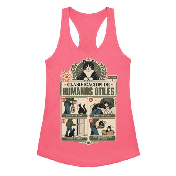 Camiseta de gatos para mujer CLASIFICACIÓN DE HUMANOS ÚTILES en color rosa eléctrico, vista plana