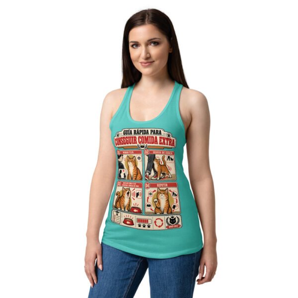 Camiseta de gatos para mujer CÓMO CONSEGUIR COMIDA EXTRA en color azul tahití, sobre modelo